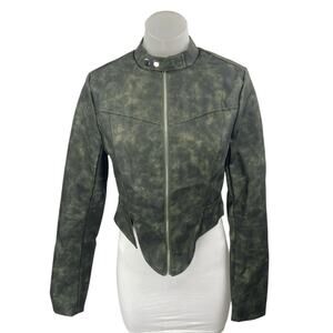 NEW Fashion Nova Arlo Green Washed Faux Leather Vegan Crop Zip Up Jacket Size S